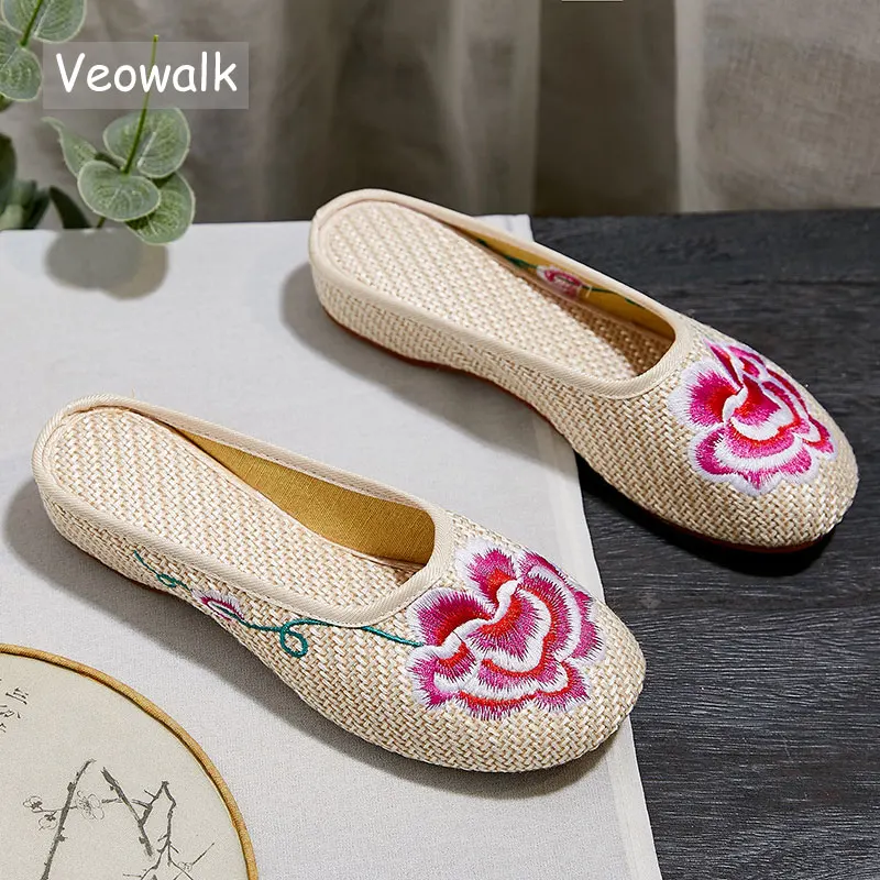 Винтажные женские льняные тапочки Veowalk ручной работы с цветочной вышивкой летние