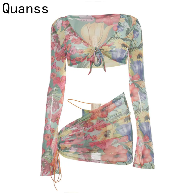 Quanss Summer Long Sleeve Floral Print Bikini 3 Piece Set Women Beach Wear Swimsuit Sexy Club Bathing Suit And Draw String Skirt