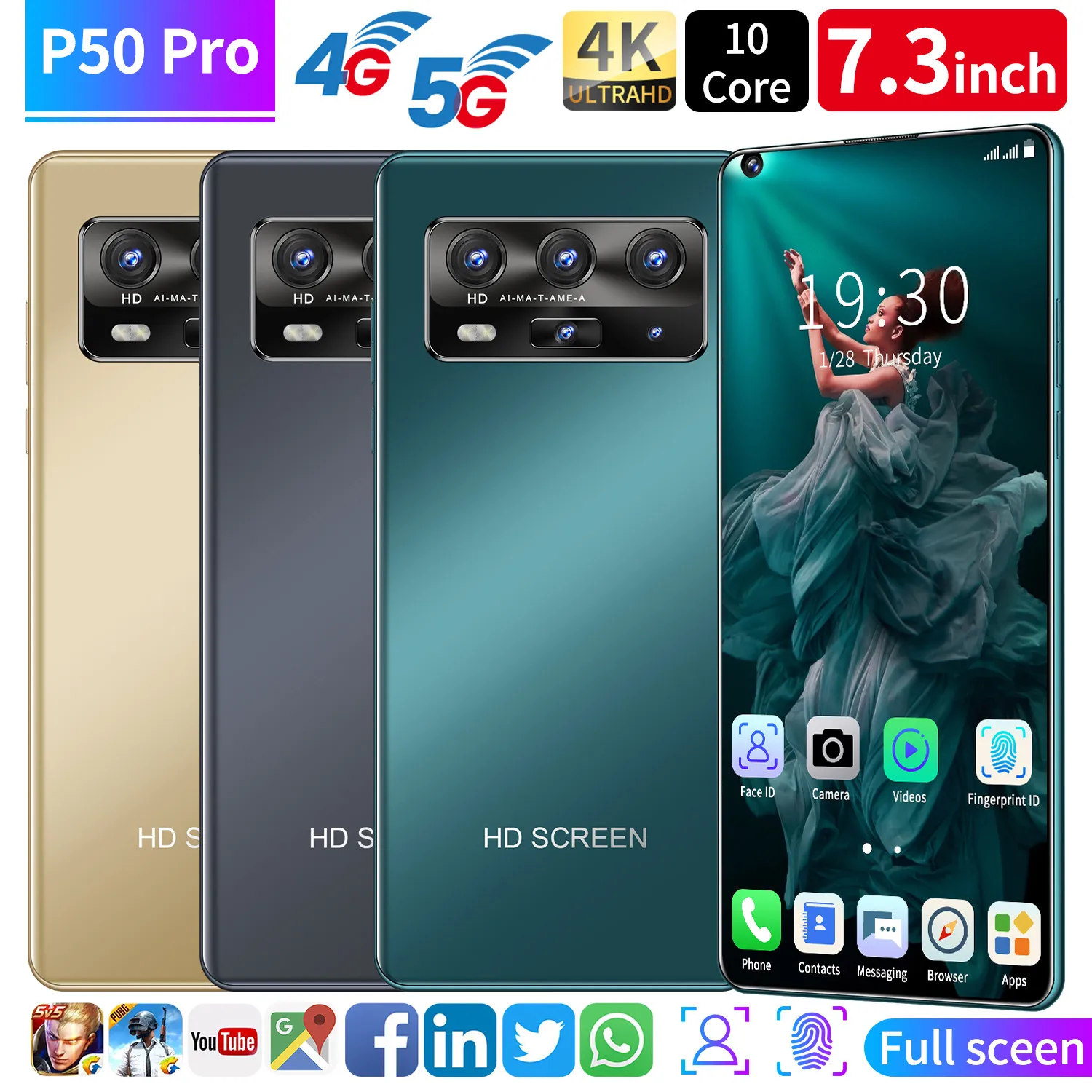

P50 Pro 7.3Inch Smartphone 5600mah Android 10 Dual SIM 5G 24MP+48MP HD Camera Face Wake 12GB+512GB Global Version CellPhone