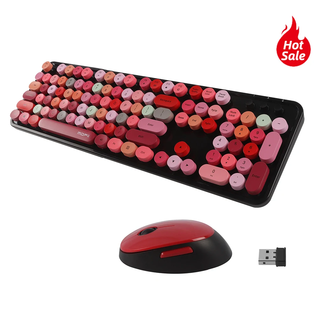 

Wireless Keyboard Mouse Combos 2.4Ghz Retro Round Punk Keycap Keypad Colorful Mini Cute Girl Ergonomic Mice For Laptop Deskop