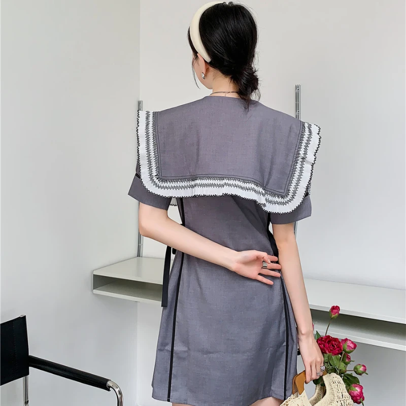 

Kimotimo Summer Design Dress Women Korean Chic 2021 Big Sailor Collar Loose Embroidery Short Sleeve Shirt Dress Elegant Fashion