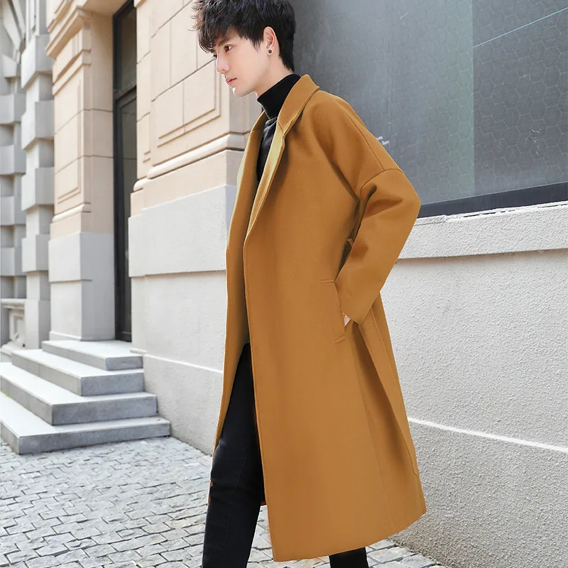 Твидовое пальто с поясом мужская длинная свободная ветровка до колена в