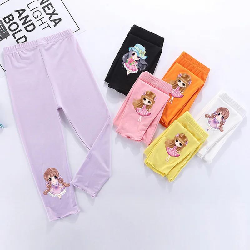 

Summer Kids Pants Girls Leggings 3 to13Years Baby Clothes Children Candy Color Modal Skinny Print Cartoon Trousers Cropped Pants