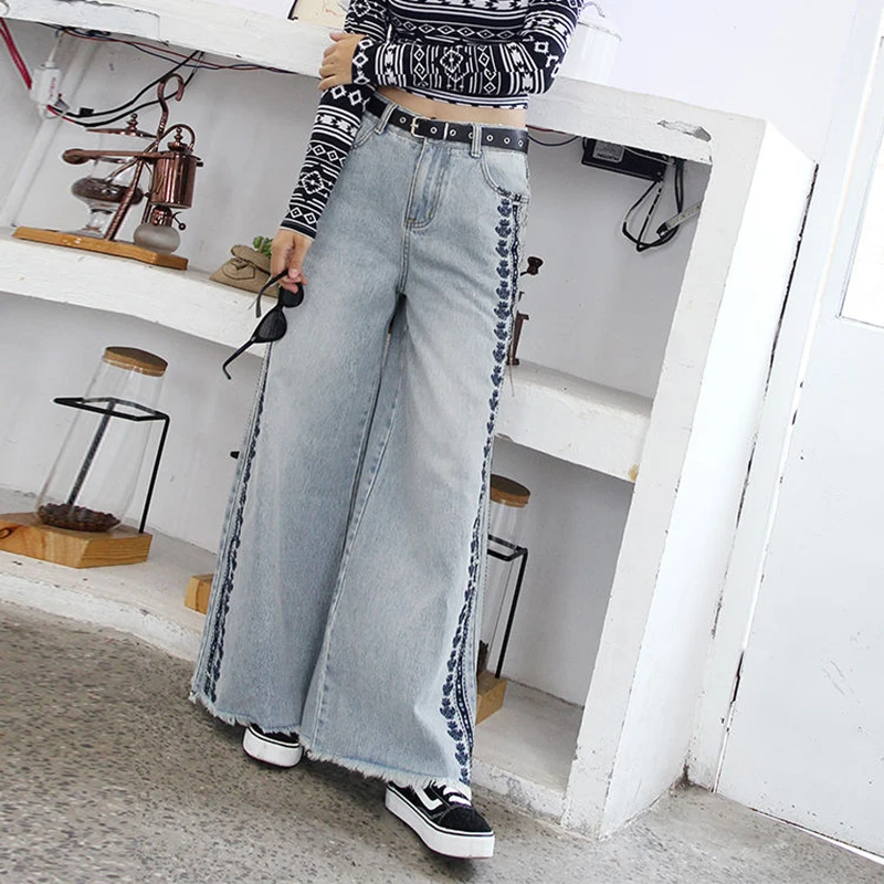 Женские джинсы с высокой талией Узкие Широкие брюки из денима винтажной вышивкой