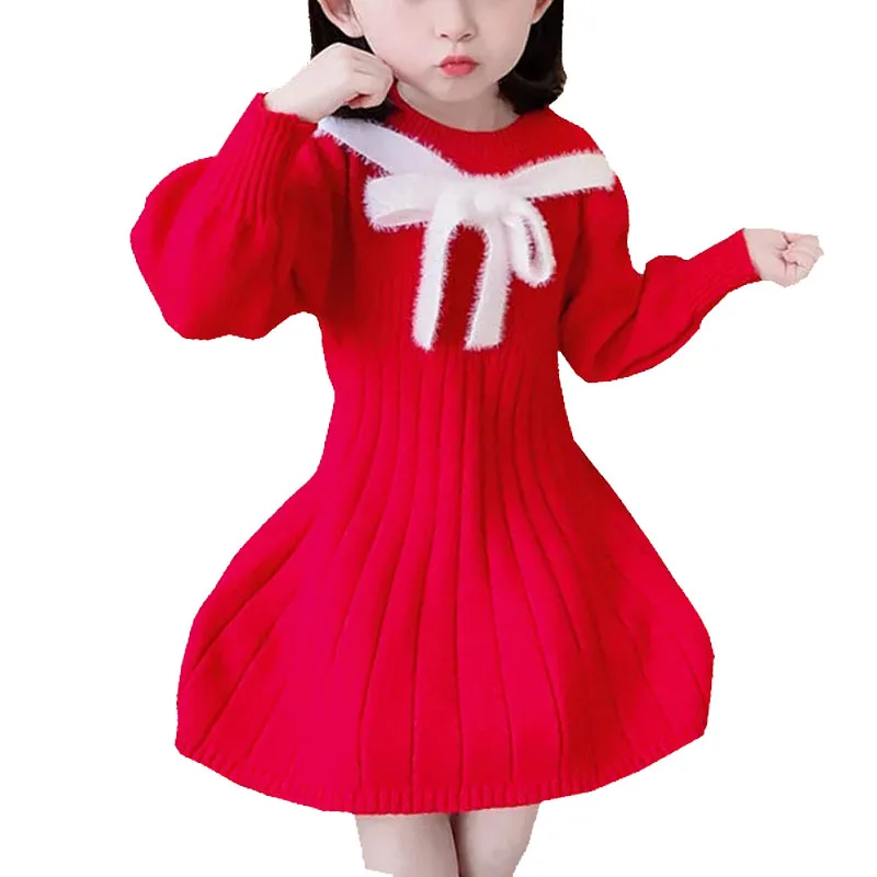 

Bear Leader Christmas Baby Girl Knitted Sweater Dress Autumn Winter Thick Warm Sweater Solid Color Bow Dresses Red suit Clothes