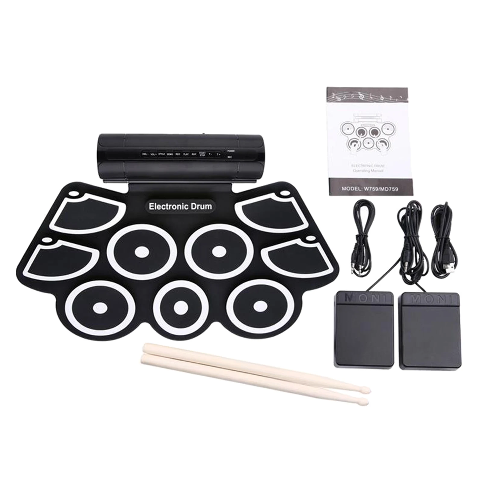 

USB Roll-Up Silicon Drum Set Digital Electronic Drum Kit with Drumsticks Foot Pedals 9 Drum Pads Built-in Speakers