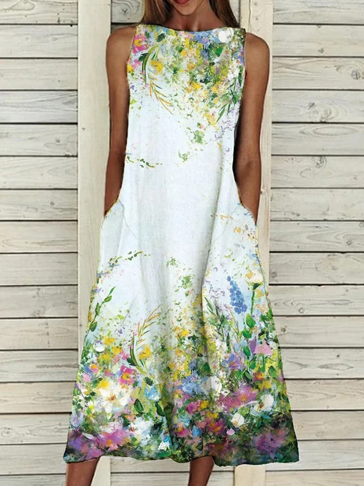 

Женское винтажное платье без рукавов, повседневное пляжное платье-трапеция с 3d-цветочным принтом и круглым вырезом, лето 2021