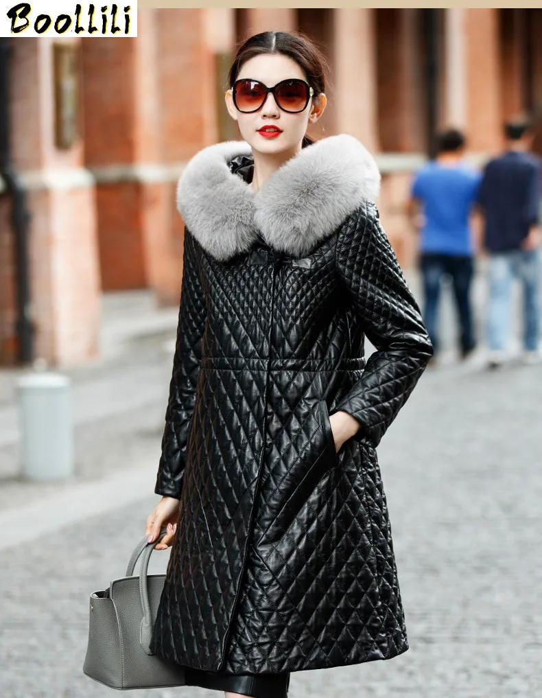 Женская куртка из натуральной кожи Boollili зимняя овечьей с капюшоном и лисьим