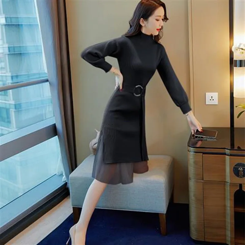 Sweater knitted dress 2019 new women's autumn and winter wear long over the knee two-piece skirt suit | Женская одежда