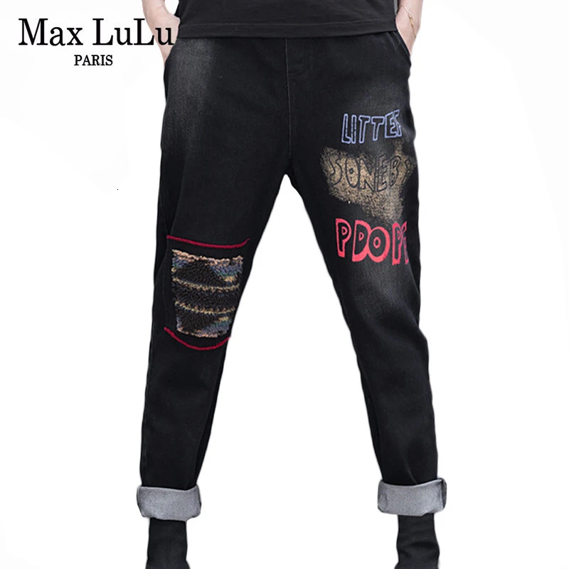 Max LuLu, весенние Модные Винтажные эластичные штаны-шаровары для девочек, корейские женские черные обтягивающие джинсы, рваные женские джинсовые брюки с 3d принтом