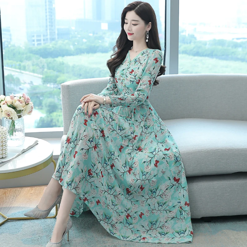 

COIGARSAM Women Dress Autumn 2021 New Office Lady Full Sleeve Floral Print Chiffon High Waist V-Neck Pink Green Dresses