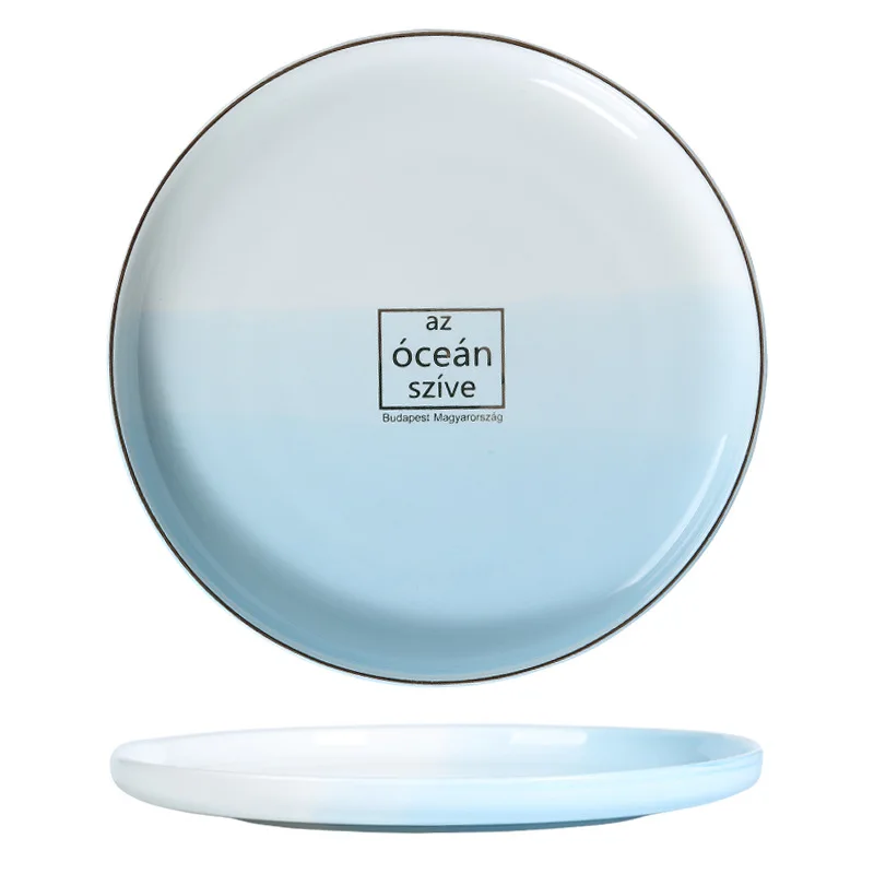 Скандинавская сине белая керамическая тарелка меняющая цвет океанская круглая