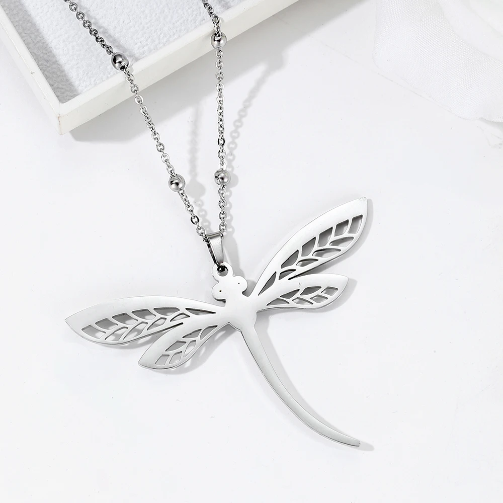 

New Design Crystal Dragonfly Necklace For Women 2019 Stainless Steel Pendant Beads Link Chain Long Necklace Jewellery Gift