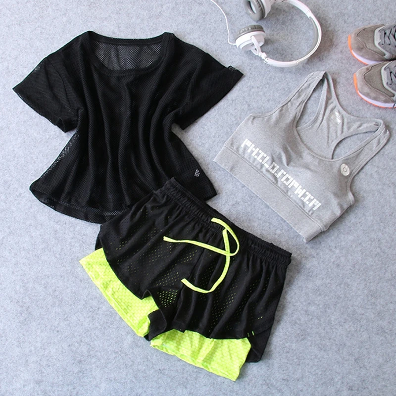 3 шт. женский спортивный комплект из футболки бюстгальтера и шортов|sport set|gym setyoga