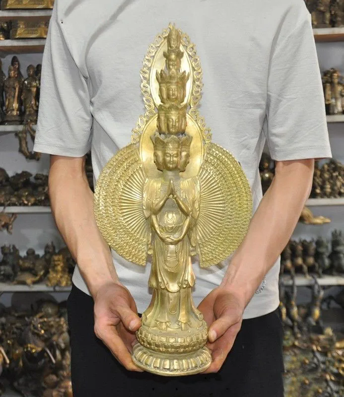 

Свадебное украшение, 18-дюймовая старая тибетская буддистская латунная статуя Будды Авалокитешвара Кван-Инь 1000
