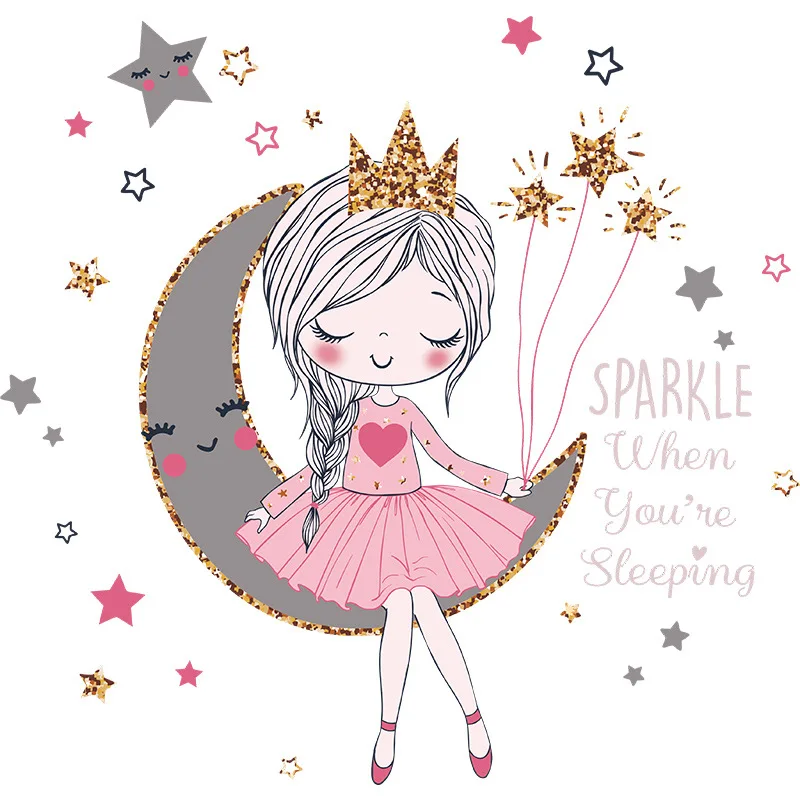 

Little Princess Moon Girl Home Decor Wall Sticker For Living Room Kids Room Cartoon Removable Self-adhesive Wallpaper Home Decor