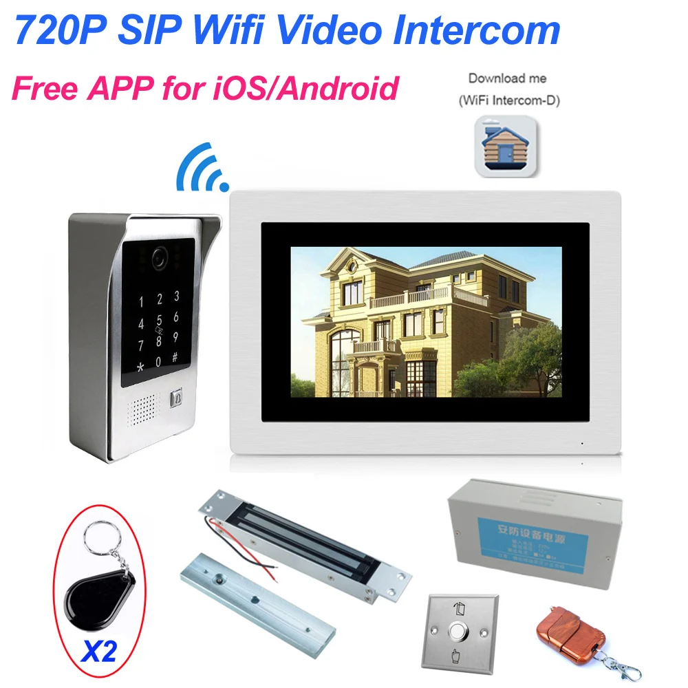 IP Wifi видео домофон система контроля доступа+ электронный магнитный замок+ блок управления питанием+ открытый переключатель+ пульт дистанционного управления