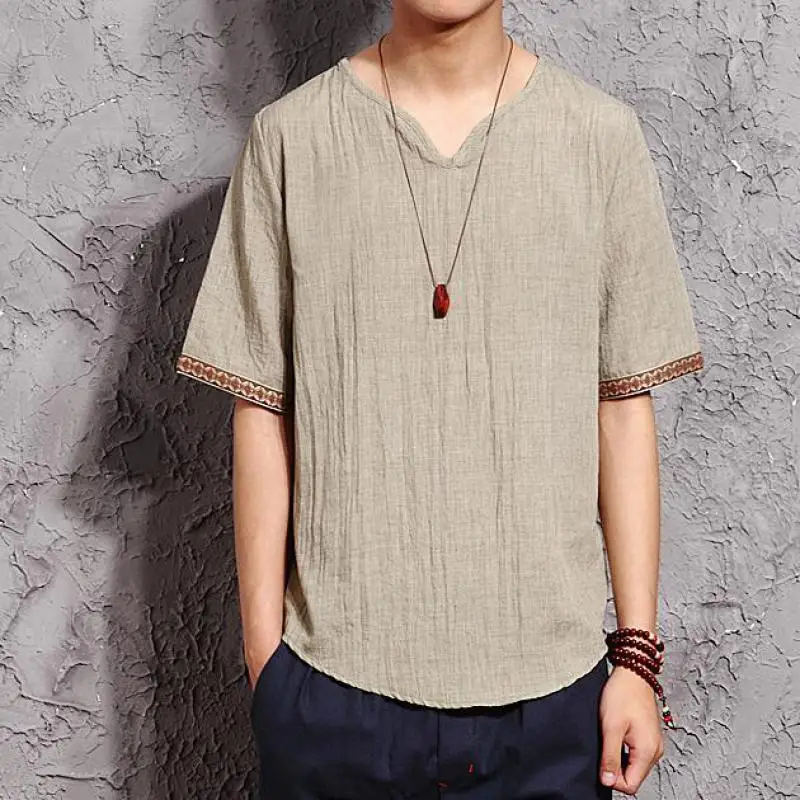 

M-5XL Mens Linen Henley Shirt Casual Short Sleeve T Shirt Pullover Tees Lightweight Curved Hem Cotton Summer Beach Tops XXXXXL