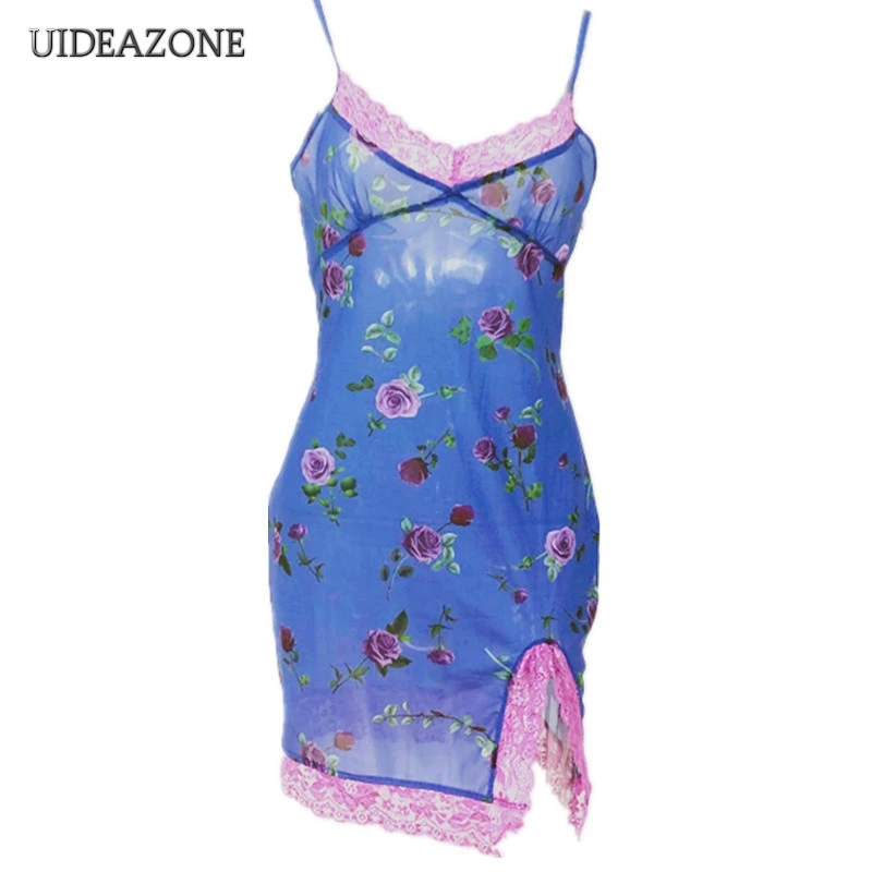 

UIDEAZONE Floral Print Lace Patchwork Women Spaghetti Strap Dress Ladies Split Wrap Mini Dresses Summer Beachwear Streetwear