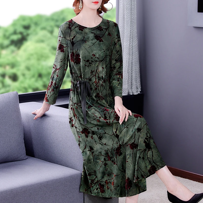 

2021 Autumn WinterNew Elegant Office Lady Dress Women Velvet Print Long Sleeve Maxi Dress high qualityVintage Casual Vestidos