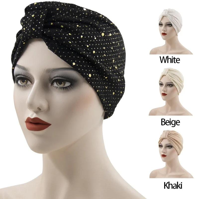 

Women Hats New Ladies' Pleated Headscarf Hat Cotton Elastic Sequins India Hat European And American Popular Pullover Hat 532