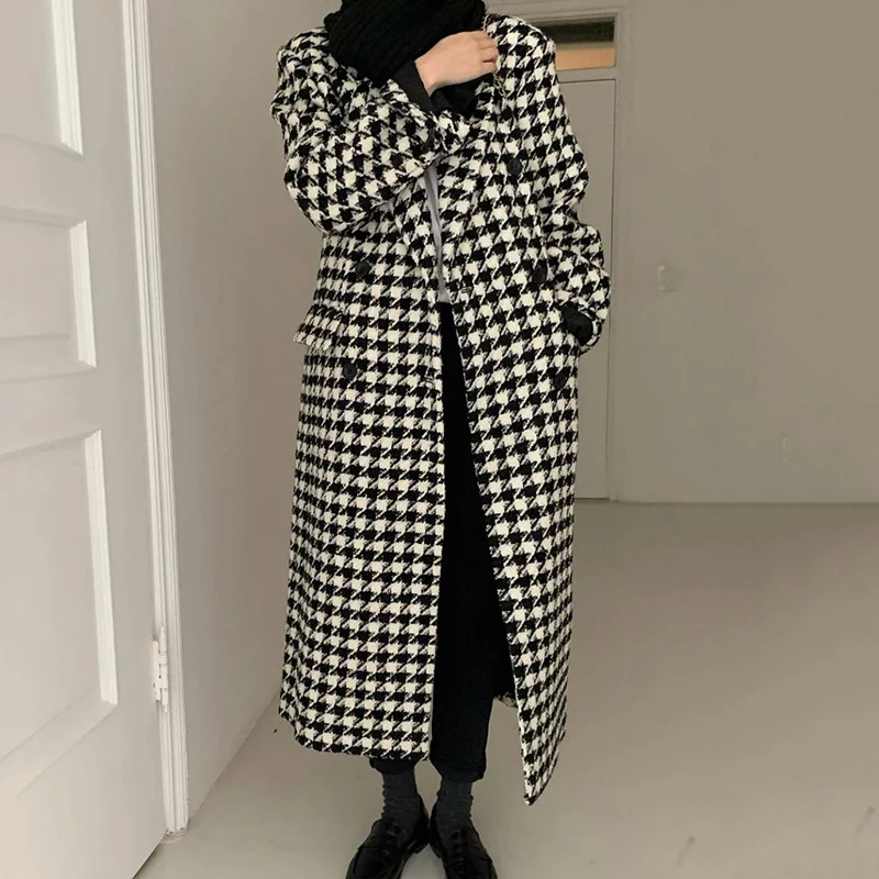 

Korean Chic French Style Suit Collar Thousand Bird Check Design Loose Single Breasted Long Sleeved Tweed Coat Women