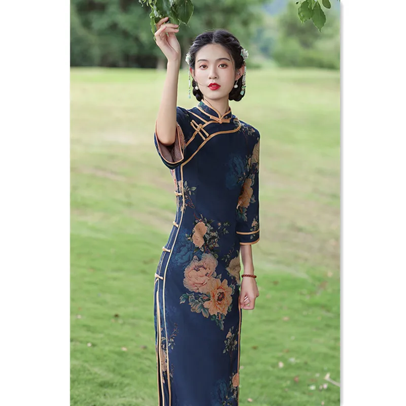 

Women Mandarin Collar Print Floral Cheongsam Loose Vintage Button Qipao Three Quarter Sleeve Chinese Dresses Big Size 3xl-4xl