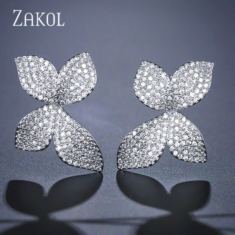 White Color ZAKOL новые модные роскошные серьги-гвоздики с бабочкой AAA кубическим цирконием, с большим цветком, для женщин, вечерние, подарки FSEP2078 - Окраска металла: White Color