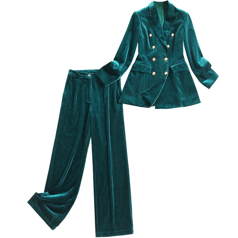 

Velvet wide-leg pants suit Women 2 Piece Set slim Blazer Jacket Office lady business Celebrity Evening Runway Party Suit