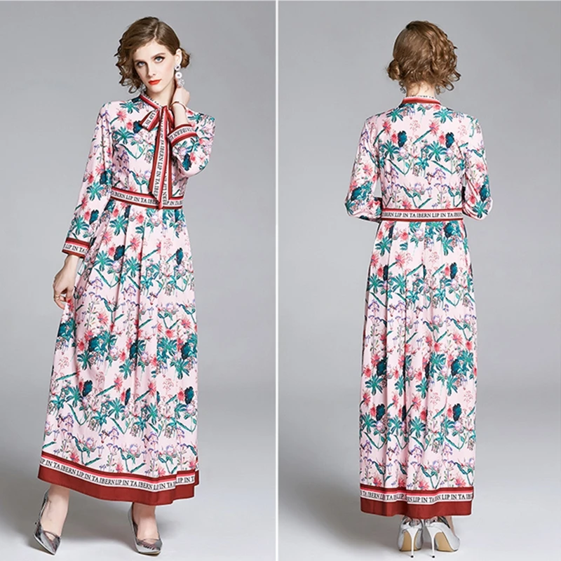 

2020 Summer Runway High quality Letter Floral Print Long Dress Women Bow Neck Elegant Party Slim High Waist Maxi Dress