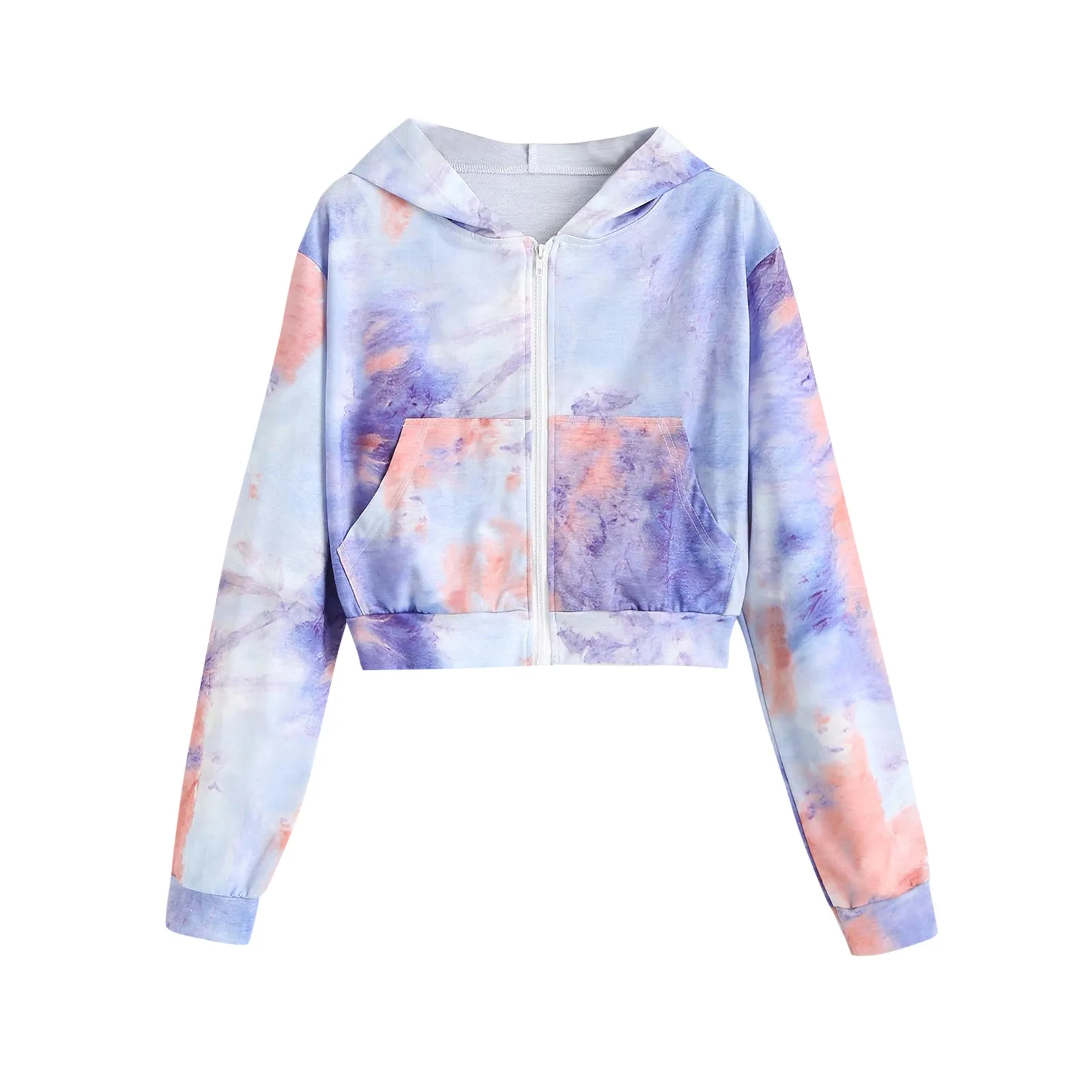 

Tie-Dye Print Hip Hop Hooded Sweatshirts Autumn Long Sleeve Zip Up Pockets Hoodies Women Korean Fashion Pullover Crop Tops