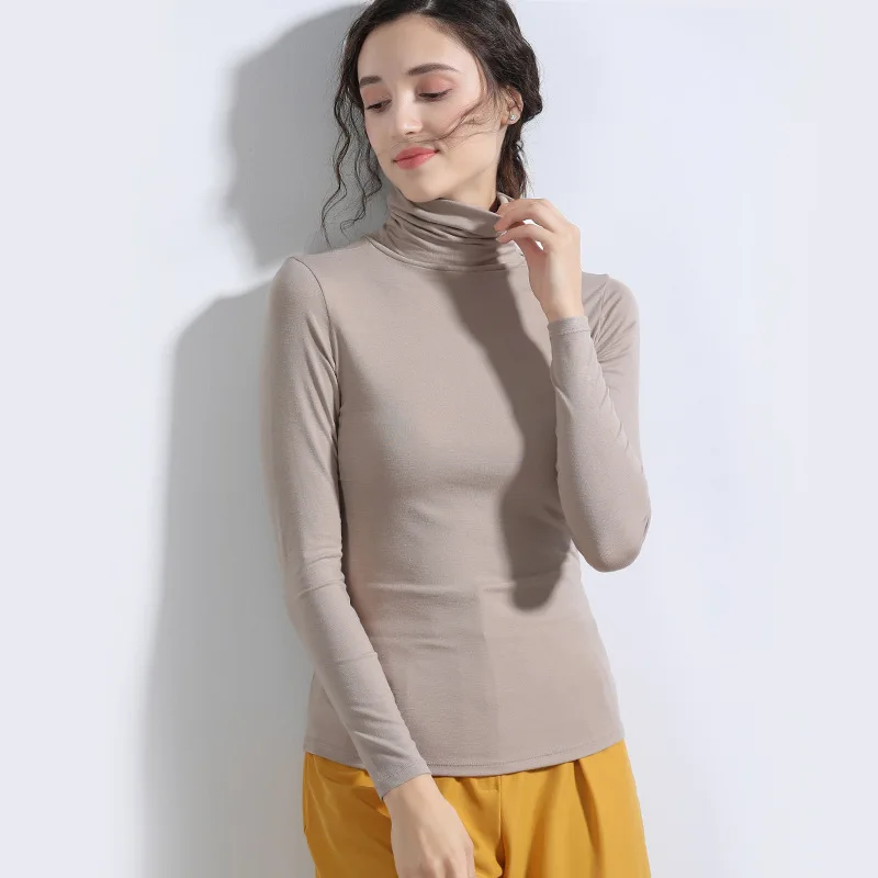 Turtleneck Beige Базовые вискозные Топы с длинным рукавом для женщин, короткая многослойная рубашка, базовый топ, незавершенный, осень - Цвет: Turtleneck Beige