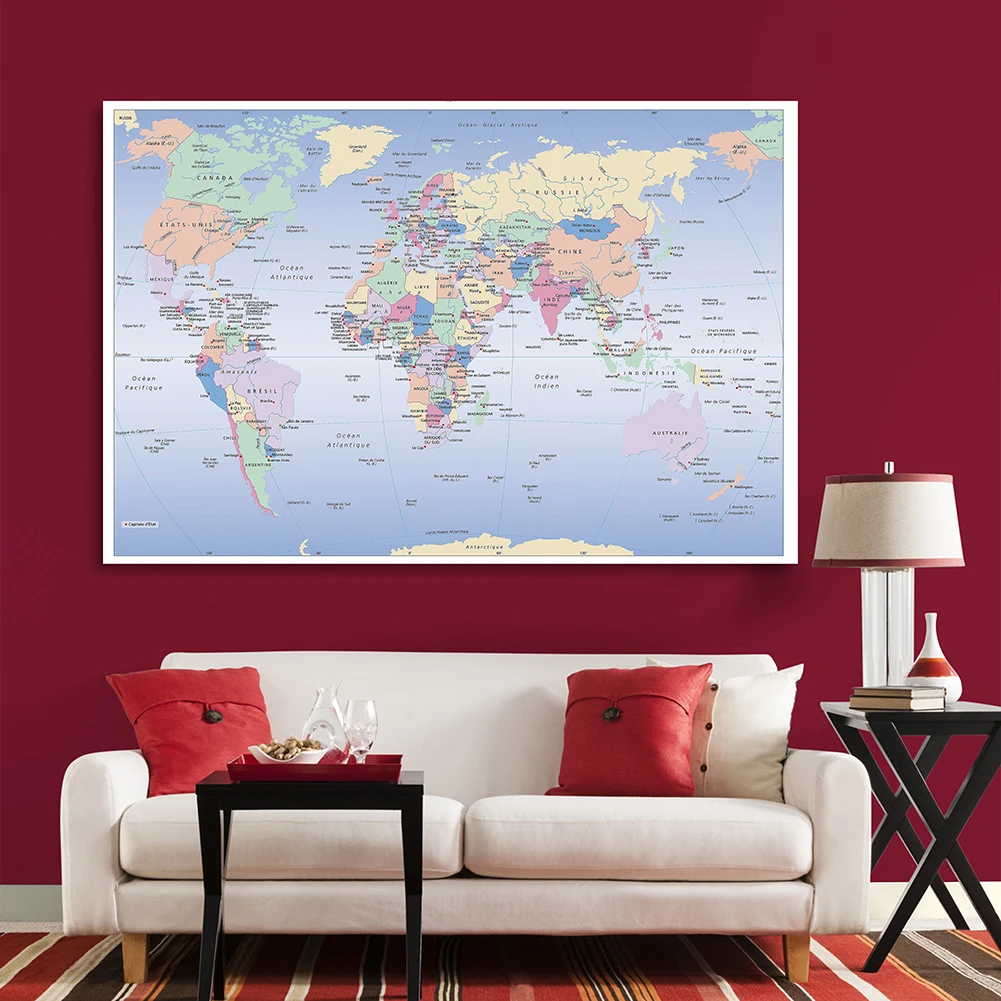 

225*150cm The World Political Distribution Map Non-woven Canvas Paintings Posters In French Wall Decorative Art Pictures