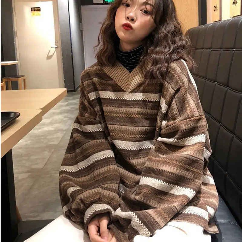 

Striped Sweaters Women Casual V Neck Pullover Knitted Sweater Autumn-winter Retro Jumper Harajuku Oversized Loose Sweater
