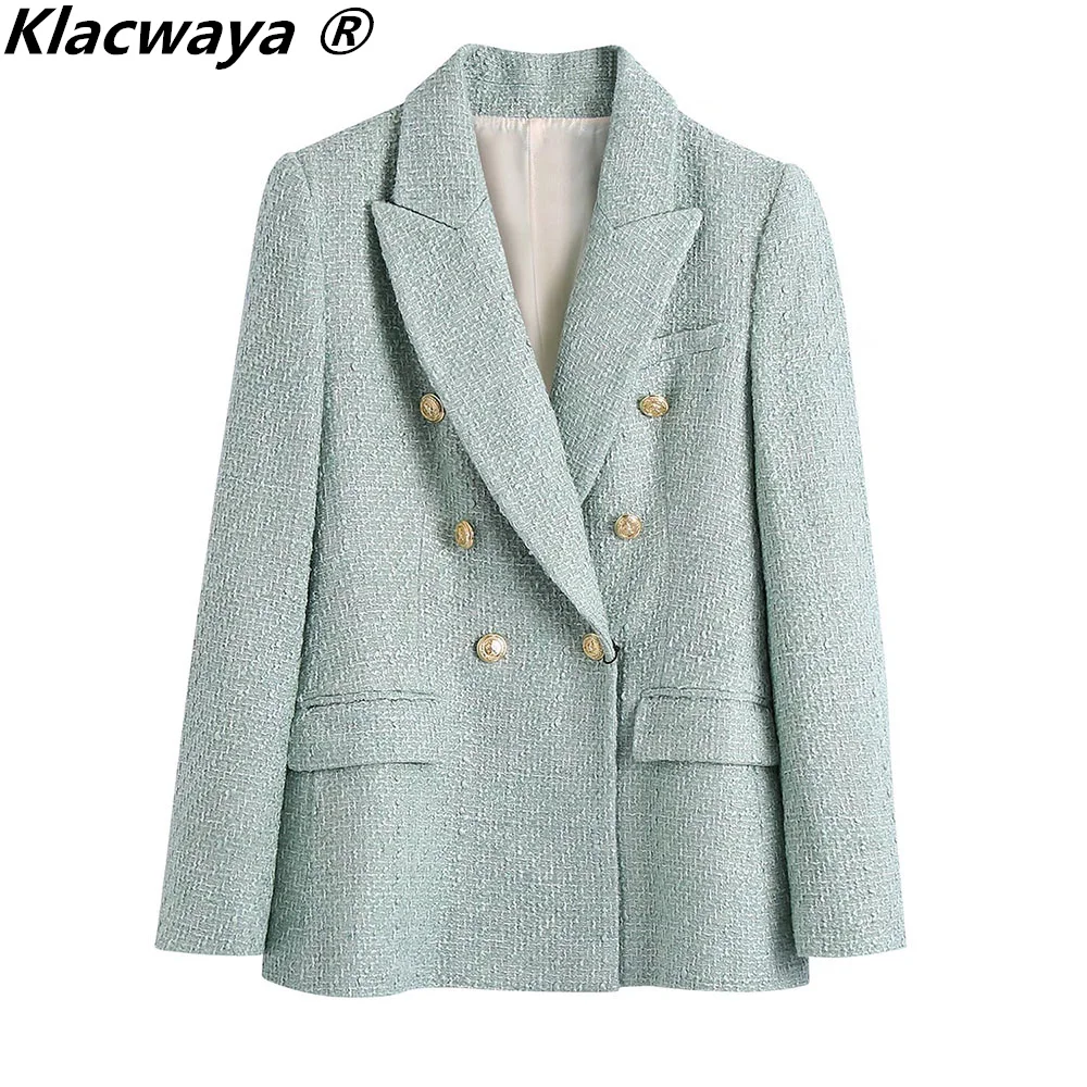 

Klacwaya 2021 Women Suit Jacket Tweed Blazer Woman Light Green Jacket Checkered Vintage Female Double Breasted Textured Blazer