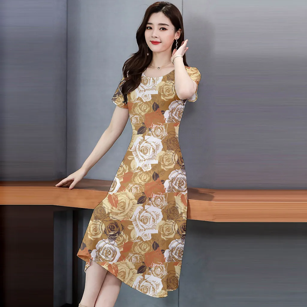 Модное повседневное женское платье с О-образным вырезом коротким рукавом платья