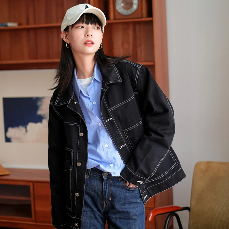 

Женская джинсовая куртка-бомбер, Повседневная Свободная куртка с длинным рукавом, с большими карманами, черного и белого цветов, на осень