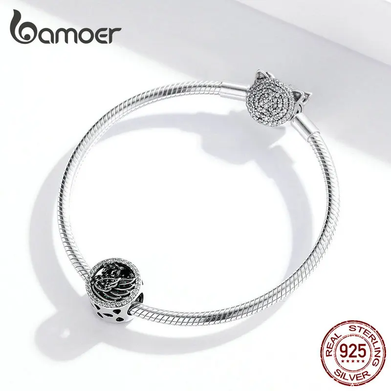 Bamoer, Черный лебедь, круглые бусины для женщин, для изготовления ювелирных изделий, серебро, 925, Шарм, подходит для браслета и браслета, дизайнерские ювелирные изделия SCC1342