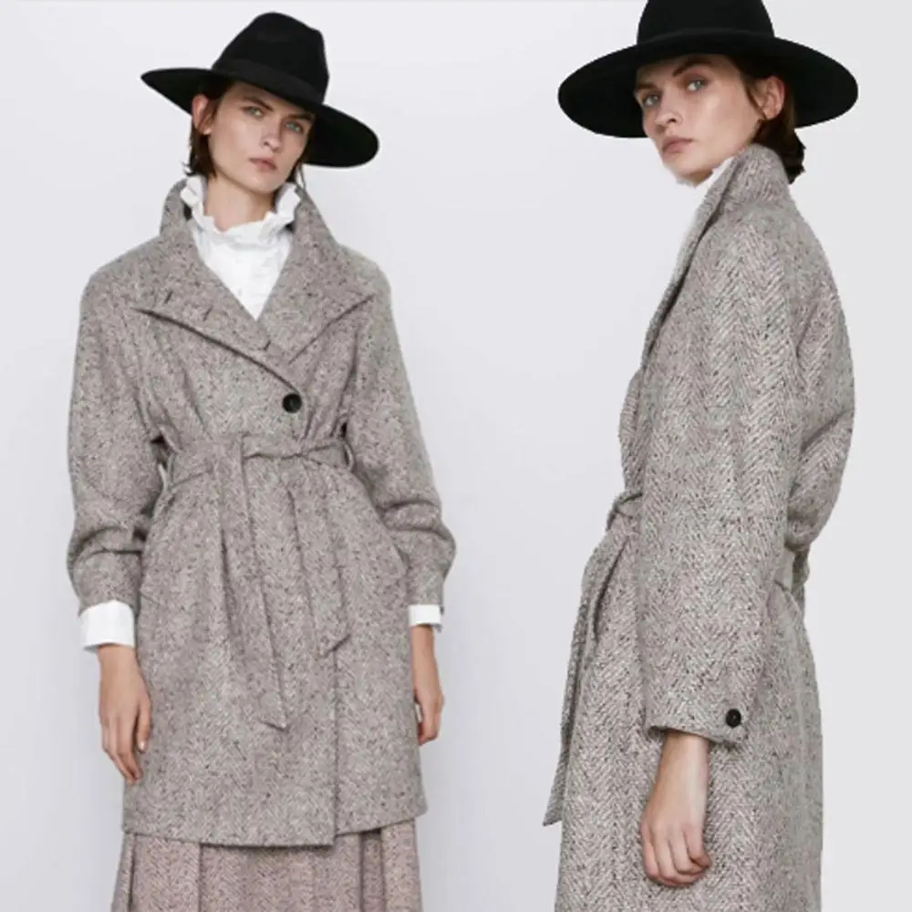 Женское шерстяное пальто ZA зимнее в богемном стиле с высоким воротником и