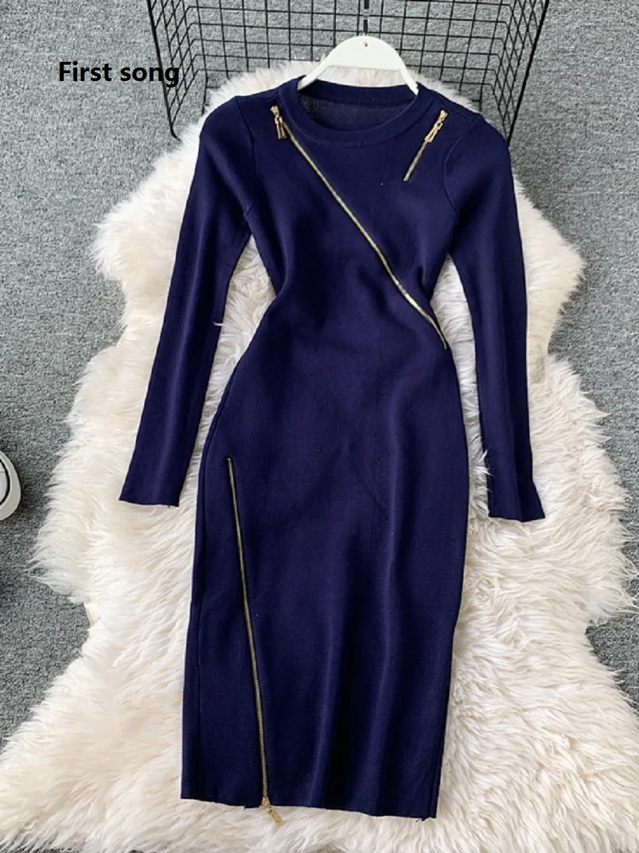 Первой песне Сезон осень зима Пикантные Свитер с молнией вязаное платье 2019New