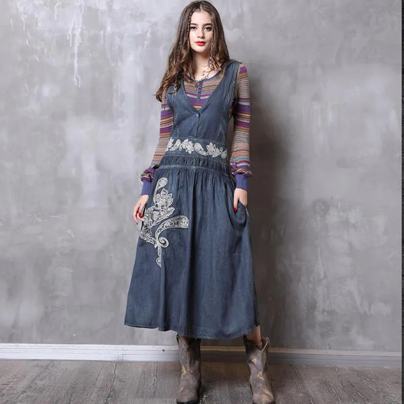 Женское джинсовое платье Johnature осенне-зимнее с v-образным вырезом и вышивкой в