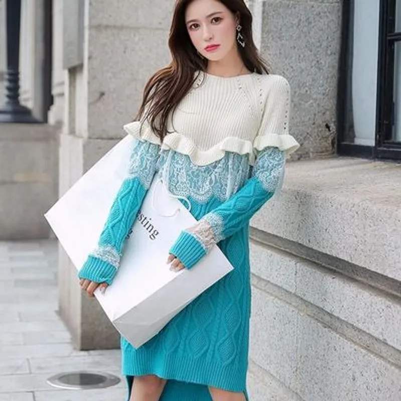 Женское вязаное платье свитер белое или синее Длинное свободное в стиле пэчворк