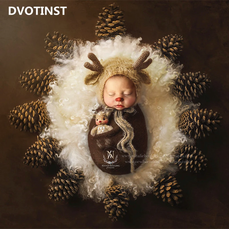 Dvotinst Newborn Baby Photography Props Knit Crochet Cute Christmas Elk Doll Hat Bonnet 2pcs Fotografia Studio Shoot Photo Props