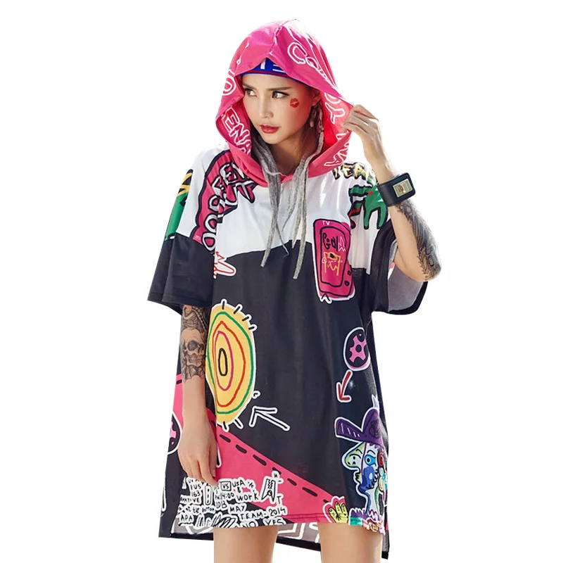 2021 летнее женское свободное Забавное платье с капюшоном и мультяшным