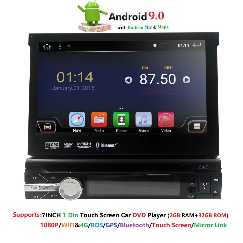 Один 1 Din 7 ''четырехъядерный Универсальный Android 9,0 2GB ram автомобильный Радио Стерео gps навигация WiFi 1024*600 сенсорный экран 1din автомобильный ПК