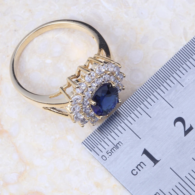 Love Monologue Classic Blue Crystal &amp Cubic Zirconia Yellow Gold Color Necklace Pendant Drop Earrings Bridal Jewelry Sets KT003 |