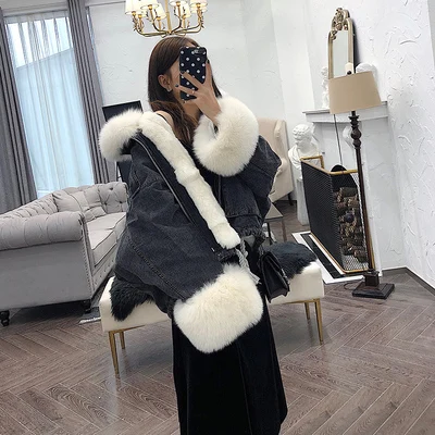Blue beige Зимняя куртка женская из натурального Лисьего меха воротник манжеты подкладка из кролика джинсовая парка Теплая Свободная верхняя одежда уличная съемная - Цвет: Blue beige