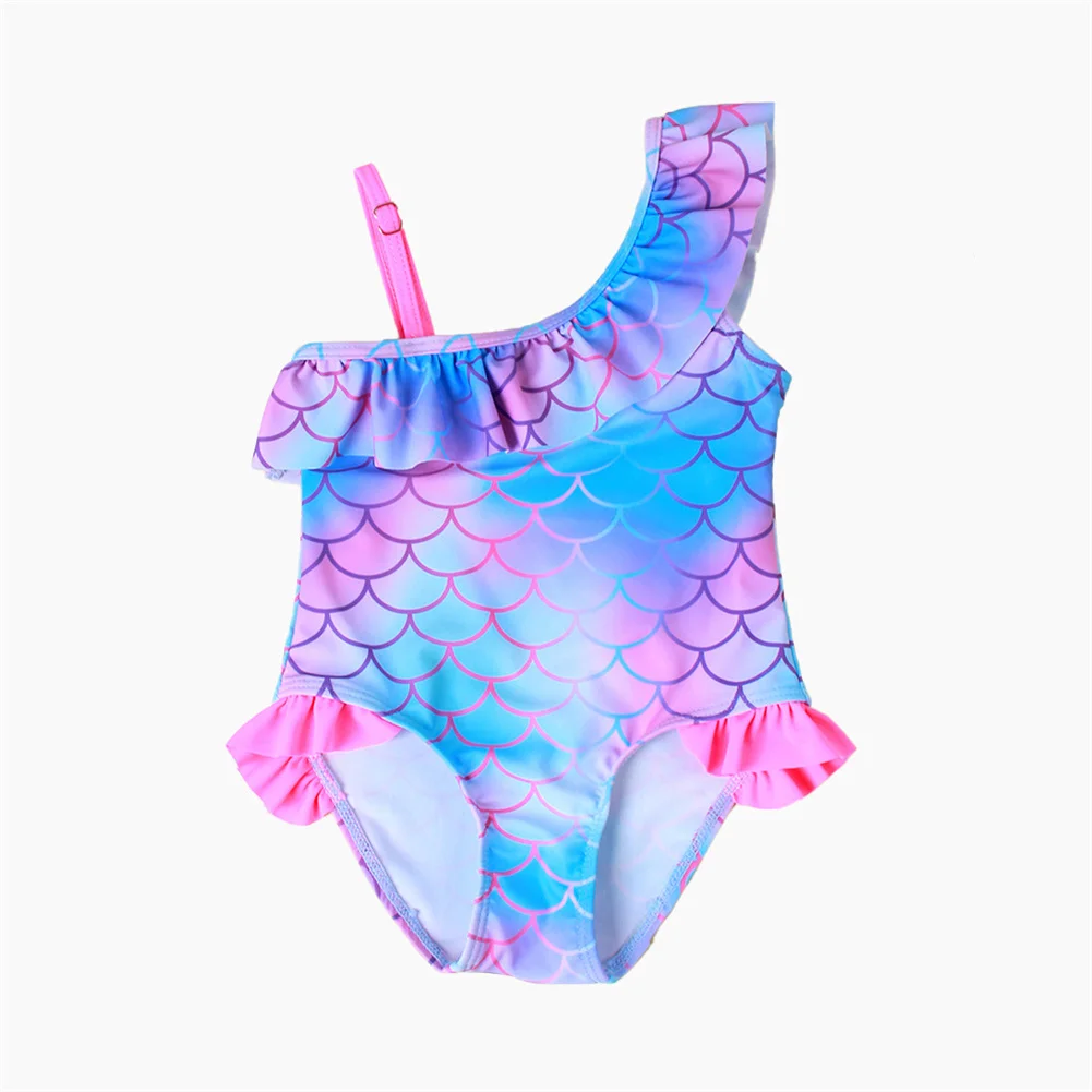 

Baby Girl Children'S Swimsuit One-Piece Swimsuit Fish Scale Printing Flounces Color Gradient Casual Fashion Women'S Beach Wear