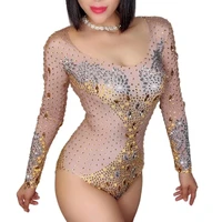 shining diamond bodysuit tight stretch longsleeve backless women jumpsuit nightclub costume personality performance stage wear