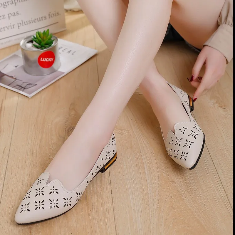 

New Arrival Women Flats Shoes Shallow Flat Heel Hollow Out Flower Shape Nude Shoes Pointed-toe Shoes zapatos mujer